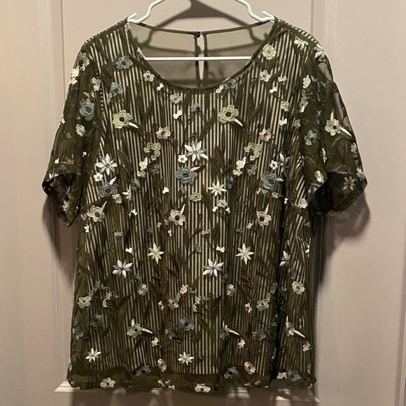 CJ Banks Tops - Plus Size Embroidered Sheer Blouse 1X Olive Floral Mesh Top Boho Romantic Layer